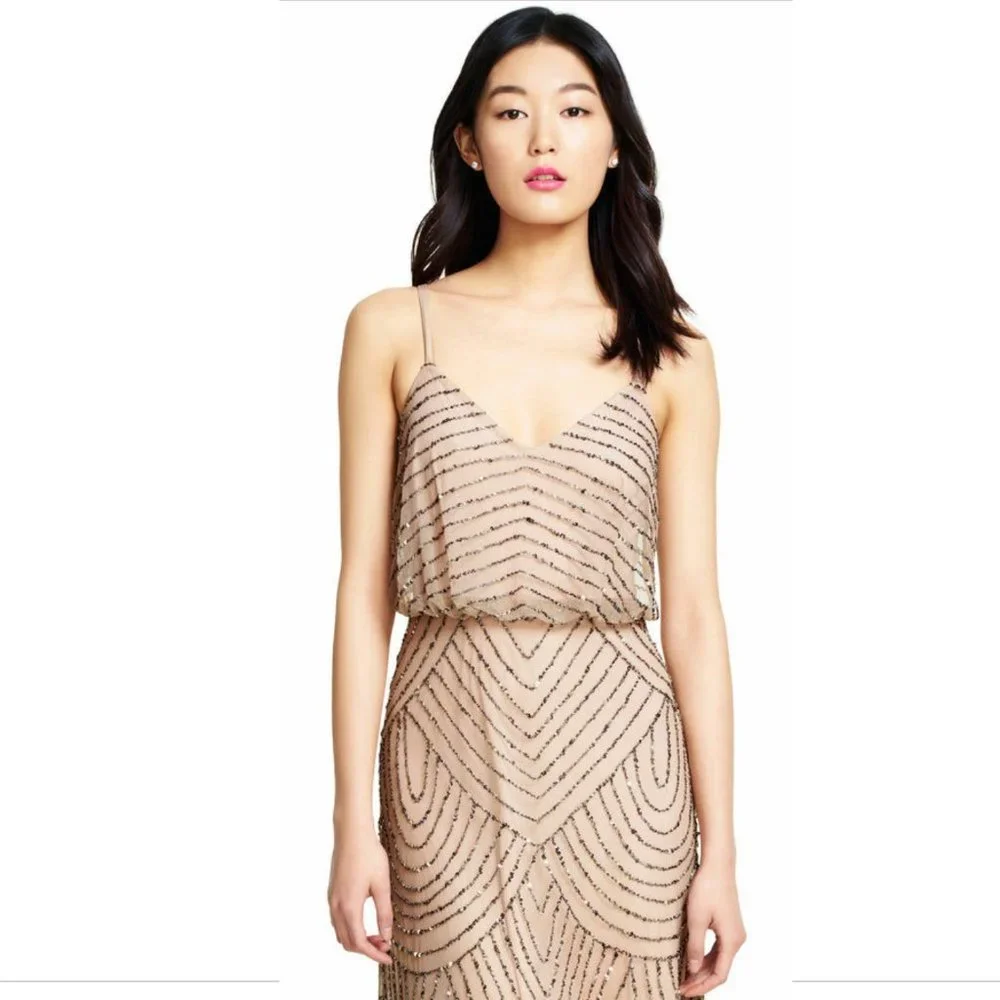 NEW $260 Adrianna Papell Art Deco‎ Beaded Blouson Gown in Taupe Pink [SZ 12P ]